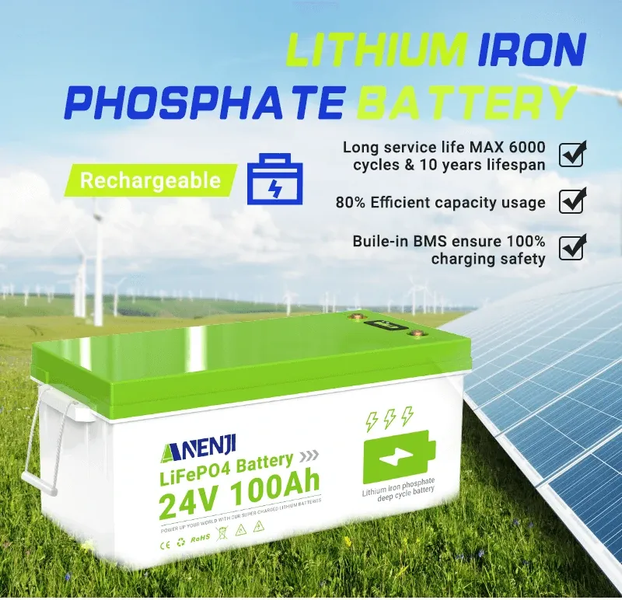 24V 100AH ​​LiFePO4 акумулятор, глибоких циклів, літій-залізо-фосфатний акумулятор 955 фото